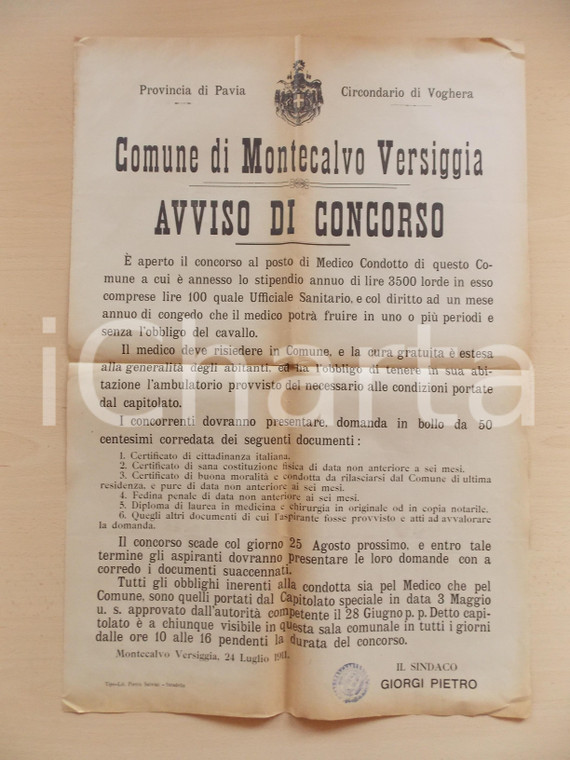 1911 MONTECALVO VERSIGGIA (PV) Concorso per medico condotto *Manifesto 43 x 63