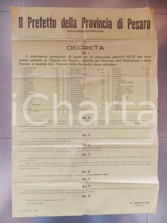 1952 PESARO Quantità di grano per Granai del Popolo *Manifesto 70 x 100