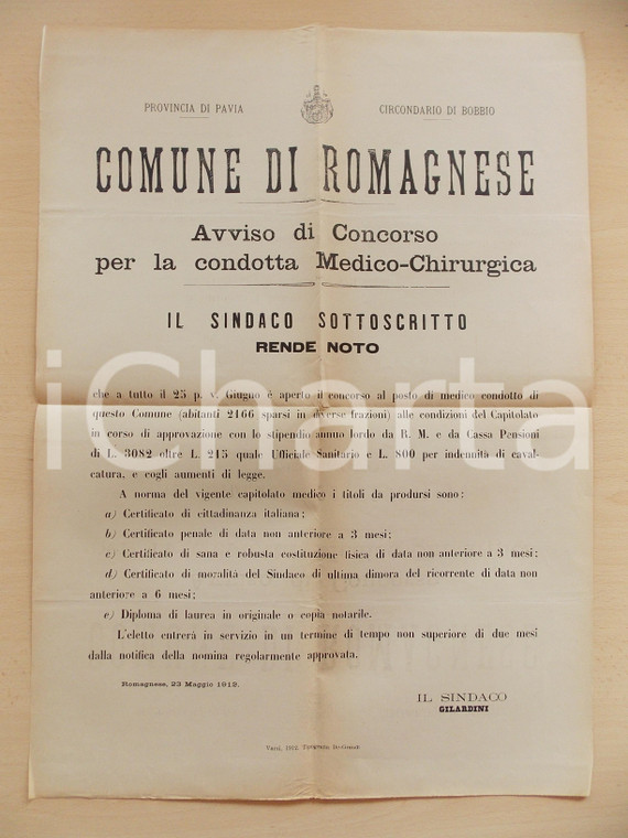 1912 ROMAGNESE (PV) Concorso per medico chirurgo *Manifesto 42 x 58