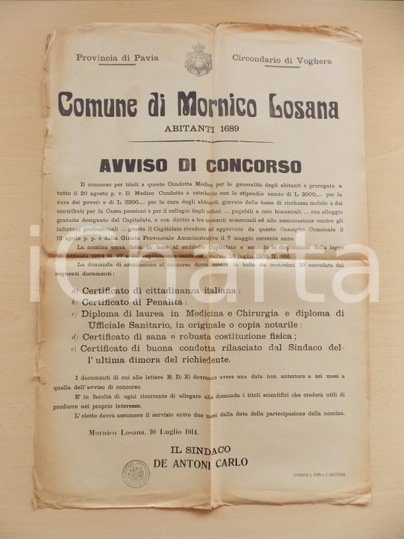 1914 MORNICO LOSANA (PV) Concorso per medico condotto *Manifesto 44 x 64