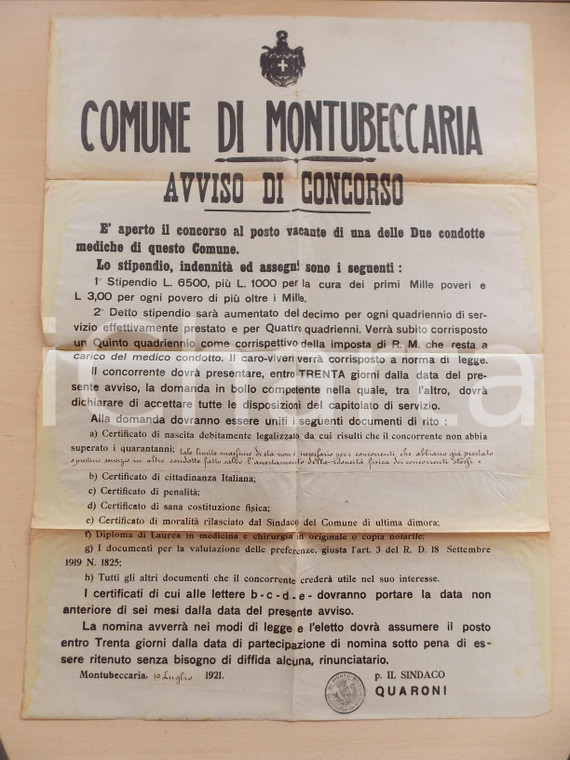 1921 MONTÙ BECCARIA (PV) Concorso per due condotte mediche *Manifesto 50 x 70