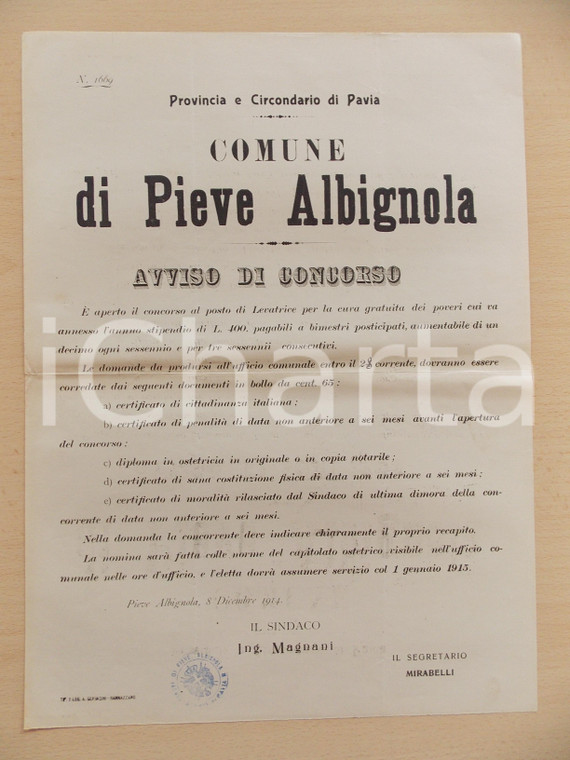 1914 PIEVE ALBIGNOLA (PV) Concorso per posto di levatrice *Manifesto 28x39 cm