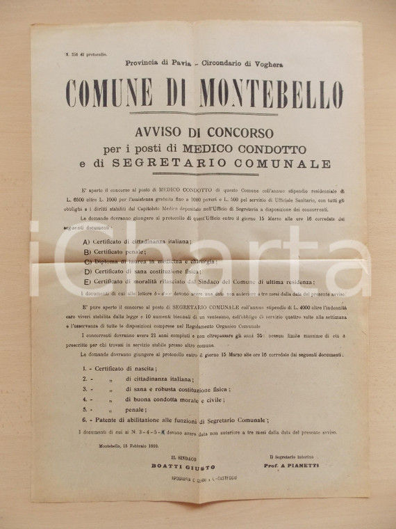 1920 MONTEBELLO DELLA BATTAGLIA Concorso medico condotto segretario *Manifesto