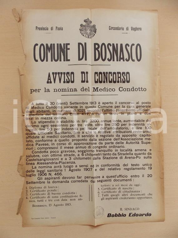 1913 BOSNASCO (PV) Concorso per posto di medico condotto *Manifesto DANNEGGIATO