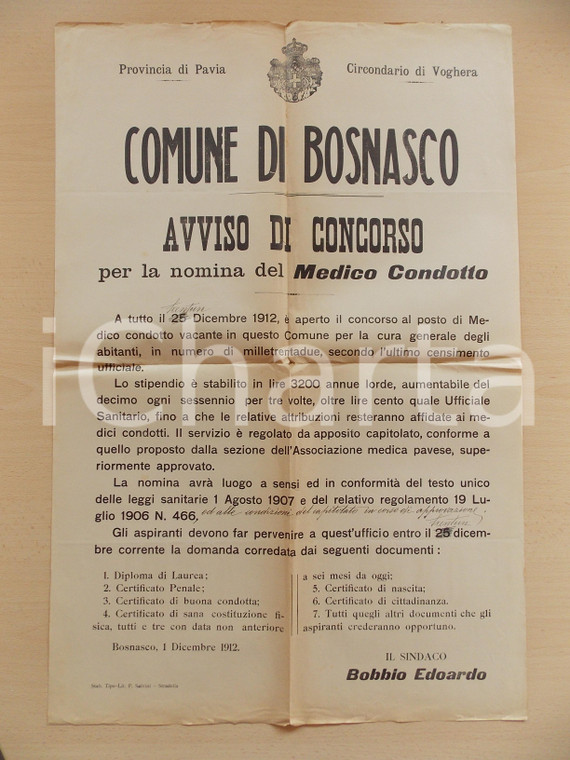 1912 BOSNASCO (PV) Concorso per posto di medico condotto *Manifesto 43 x 65