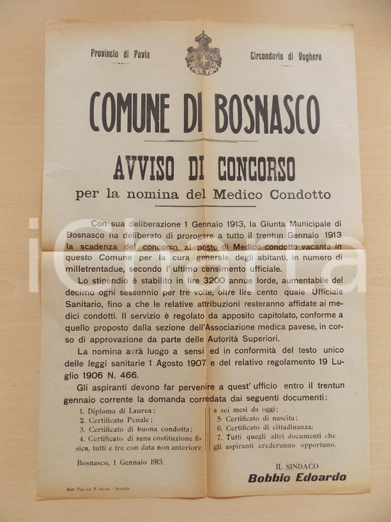 1913 BOSNASCO (PV) Concorso per posto di medico condotto *Manifesto 42 x 62