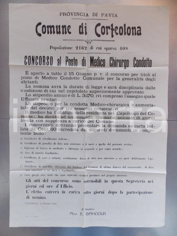 1912 CORTEOLONA (PV) Concorso medico chirurgo condotto *Manifesto 50 x 70