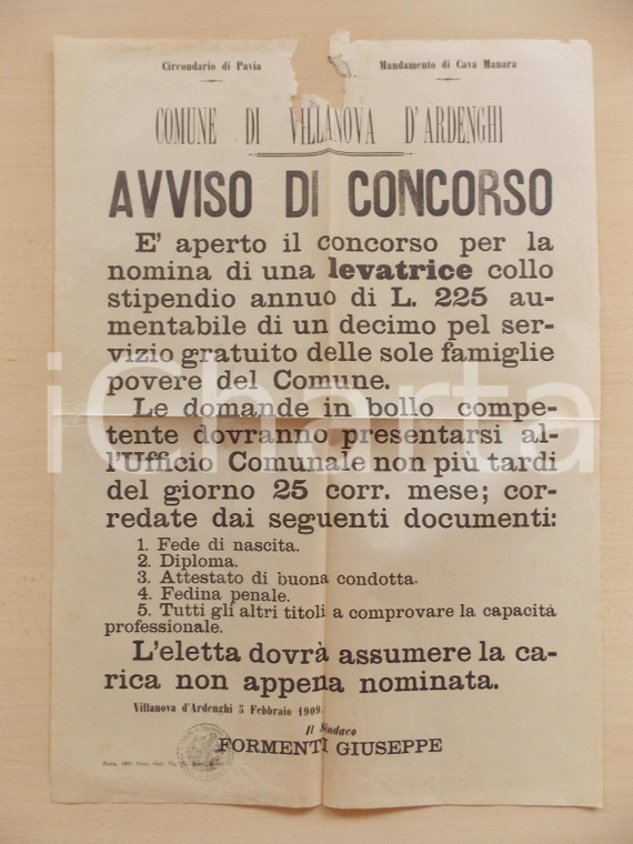 1909 VILLANOVA D'ARDENGHI (PV) Concorso per levatrice *Manifesto 36 x 50