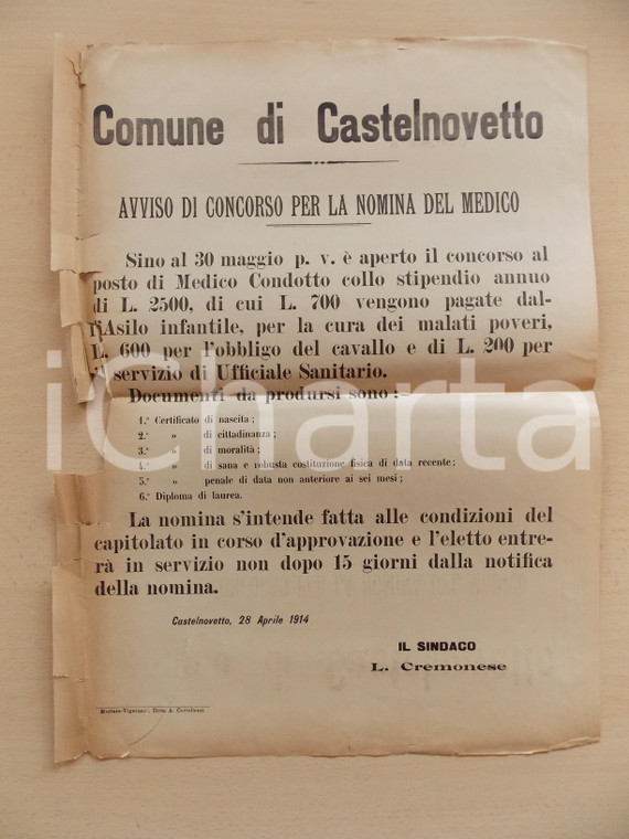 1914 CASTELNOVETTO (PV) Concorso medico condotto *Manifesto DANNEGGIATO 32 x 43