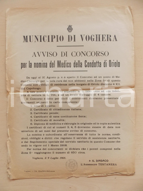 1908 VOGHERA (PV) Concorso per medico condotta di ORIOLO *Manifesto 32 x 43