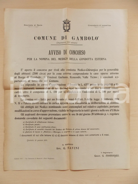 1915 GAMBOLÒ (PV) Concorso per medico condotta esterna *Manifesto 43 x 56