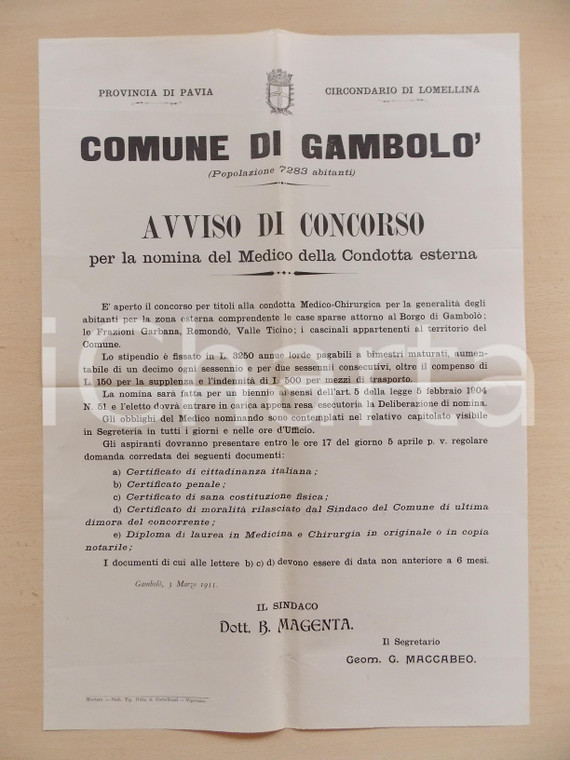 1911 GAMBOLÒ (PV) Concorso per medico condotto *Manifesto 36 x 50