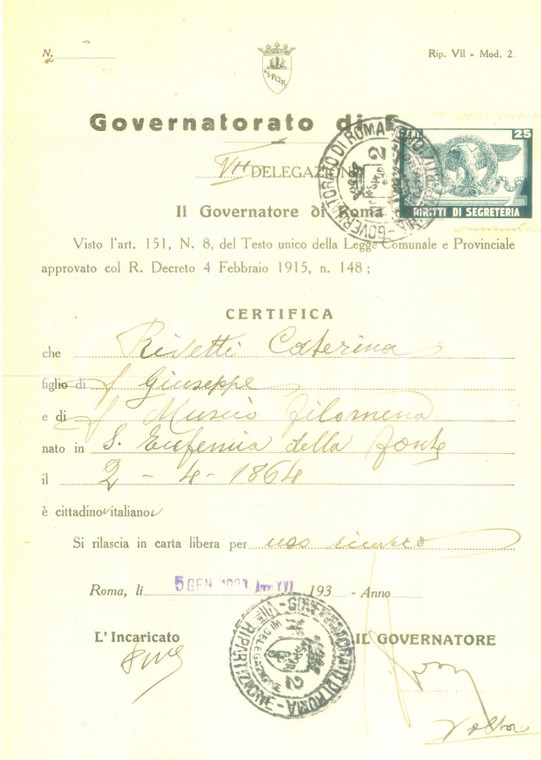 1938 ROMA Caterina RIVETTI è cittadina italiana *Documento