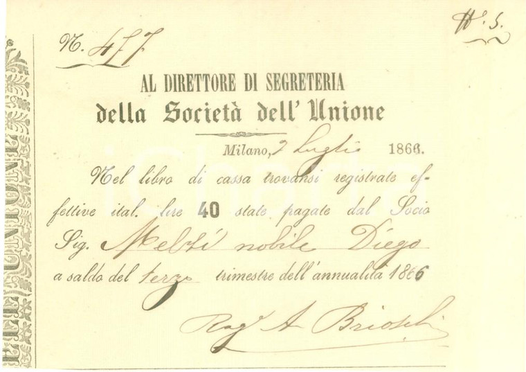 1866 MILANO Abbonamento a Società dell'Unione Conte Diego MELZI *Ricevuta
