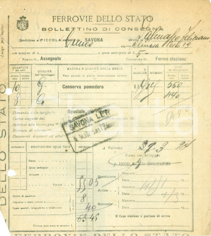 1927 GENOVA Ferrovie dello Stato Consegna conserva al pomodoro *Documento