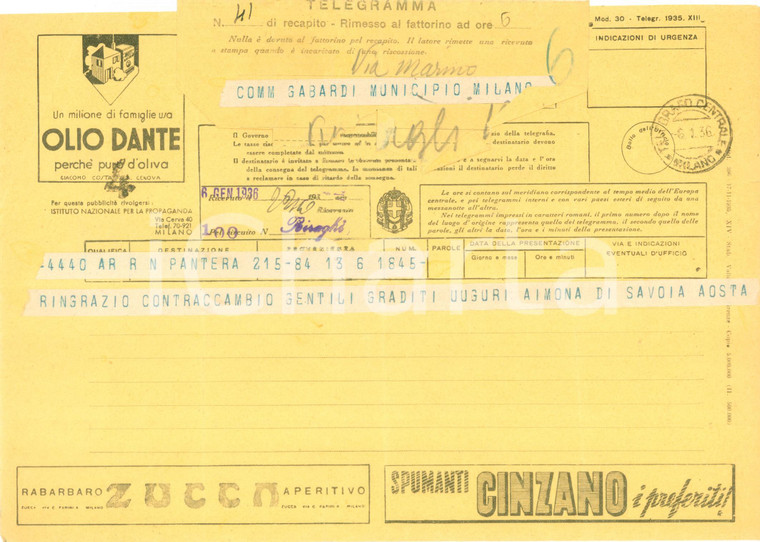 1936 CORTINA D'AMPEZZO (BL) Aimone di SAVOIA ricambia gli auguri *Telegramma