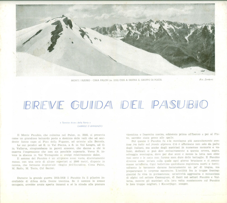 1950 ca Breve Guida del Monte PASUBIO *Opuscolo ILLUSTRATO DANNEGGIATO