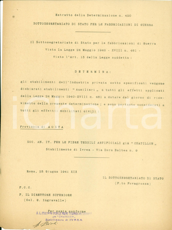 1941 ROMA WW2 Società Fibre Tessili CHATILLON stabilimento ausiliario *Documento
