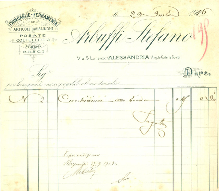 1916 ALESSANDRIA WW1 Stefano ARBUFFI Chincaglie ferramenta posate Documento