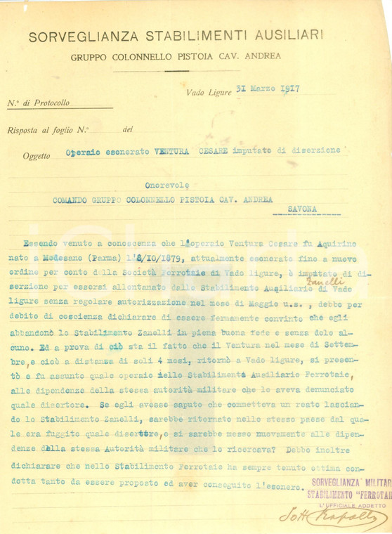 1917 VADO LIGURE (SV) WW1 Operaio Cesare VENTURA abbandona Stabilimento ZANELLI