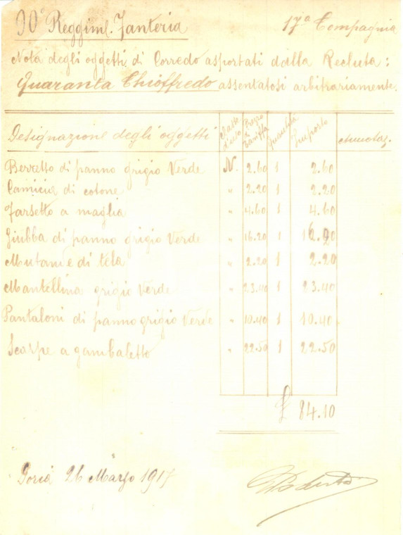 1917 GENOVA WW1 Caserma DORIA Oggetti rubati da Chioffredo QUARANTA *Documento