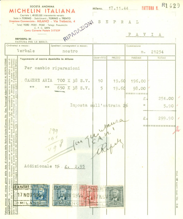 1944 MILANO RSI Società Anonima MICHELIN ITALIANA *Fattura su carta intestata