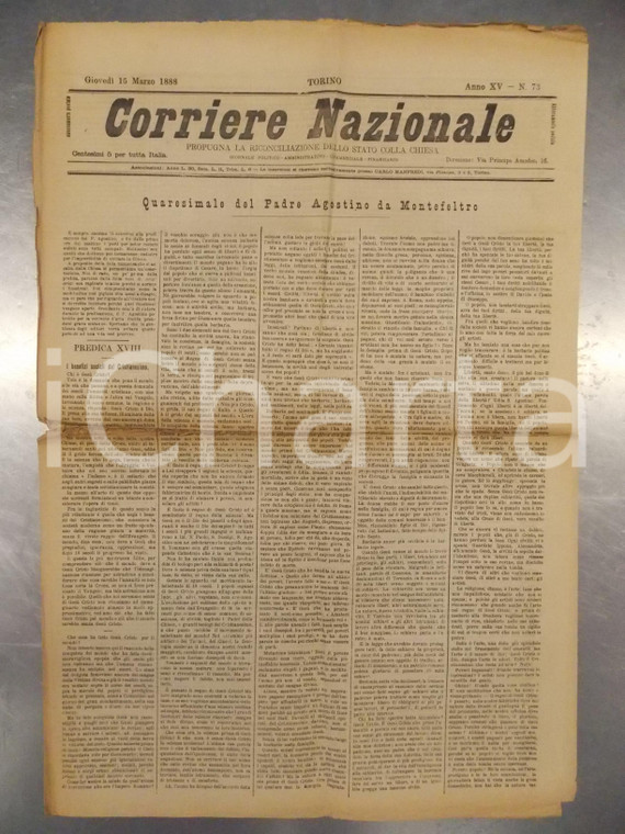 1888 CORRIERE NAZIONALE Padre Agostino da MONTEFELTRO Benefici del Cristianesimo