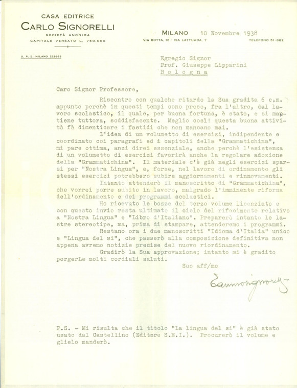 1938 MILANO Editore Gaetano SIGNORELLI approva l'idea di una Grammatichina