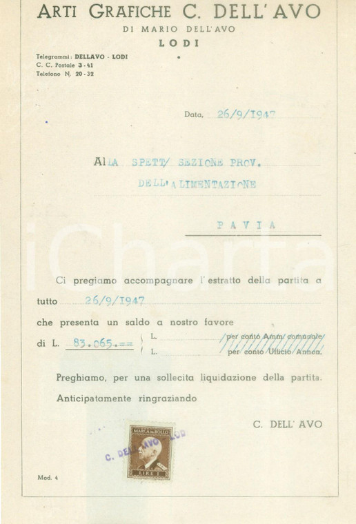 1947 LODI Arti Grafiche Mario DELL'AVO *Lettera commerciale su carta intestata