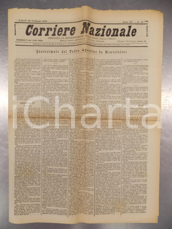 1888 CORRIERE NAZIONALE Padre Agostino da MONTEFELTRO predica su DIO *Giornale