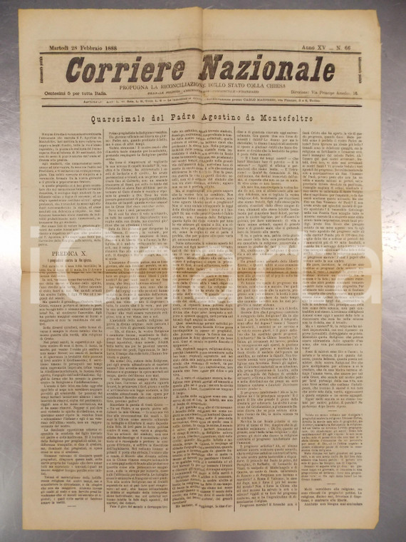 1888 CORRIERE NAZIONALE Padre Agostino da MONTEFELTRO vs pregiudizi religiosi