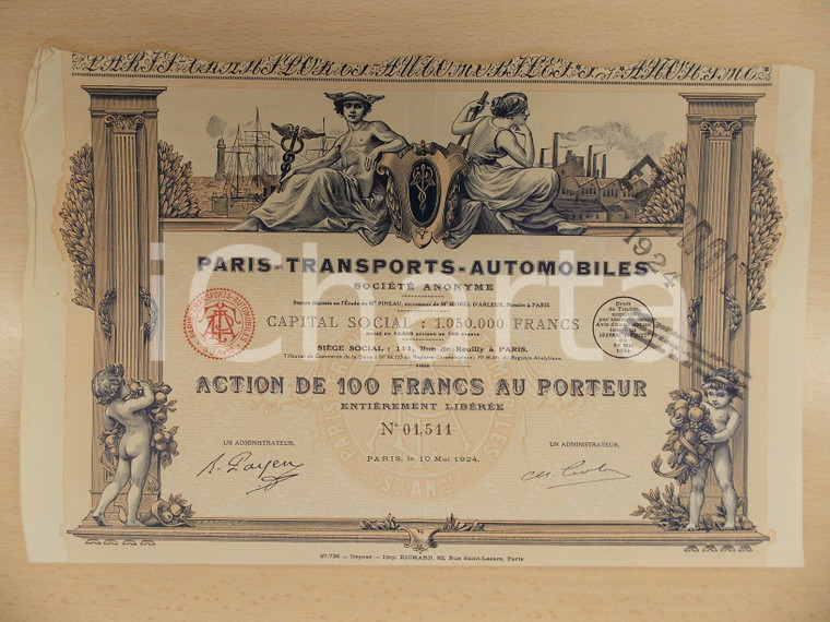 1924 PARIS Transports Automobiles Action de 100 francs au porteur *Certificato
