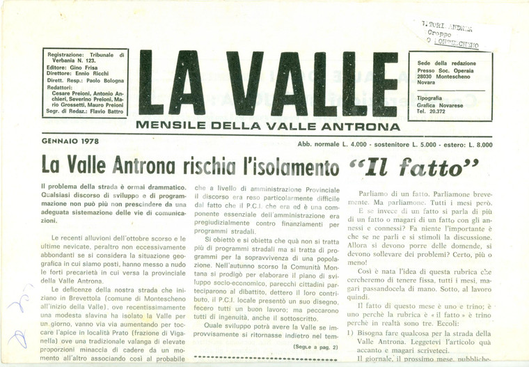 1978 Mensile LA VALLE Valle Antrona rischia l'isolamento per alluvioni