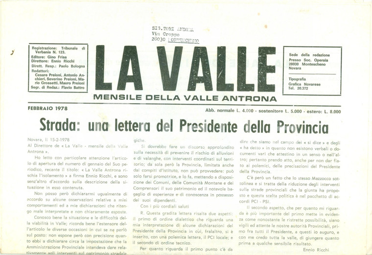 1978 Mensile LA VALLE Valle Antrona Provincia in difficoltà con le alluvioni