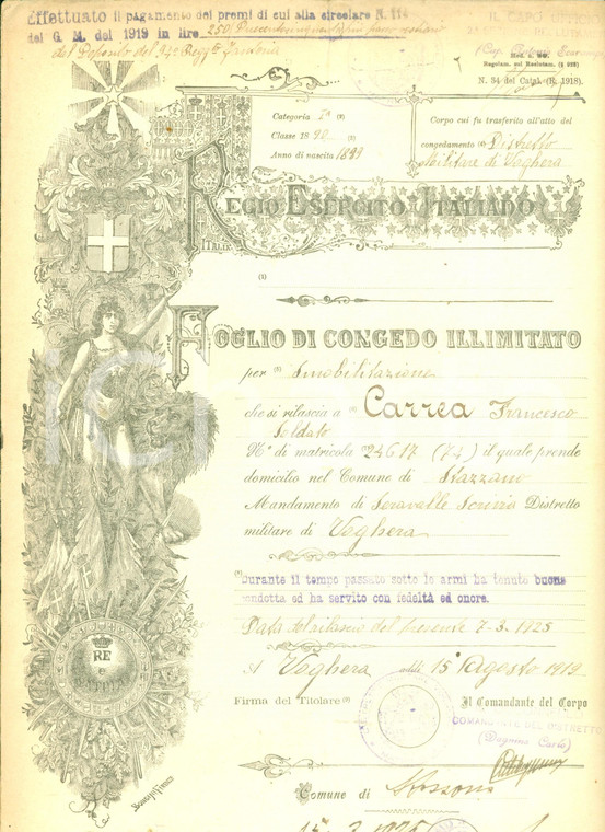 1925 STAZZANO (AL) Congedo illimitato soldato Francesco CARREA *Documento