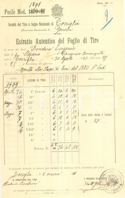 1911 TORRIGLIA (GE) Punteggio al tiro a segno di Eugenio DONDERO *Documento