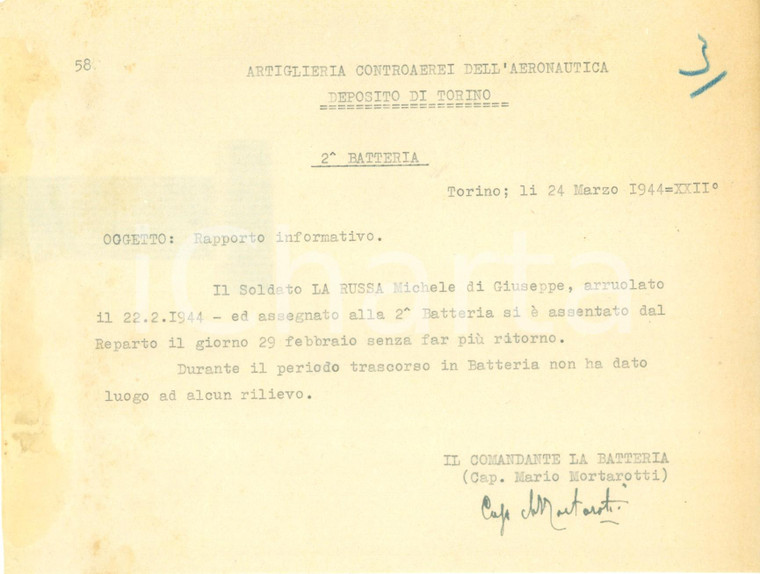 1944 TORINO RSI Artiglieria Controaerei Michele LA RUSSA assente arbitrario