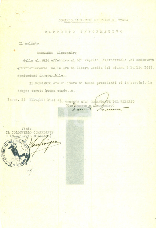 1944 IVREA (TO) RSI Soldato Alessandro MORGANDO si rende irreperibile *Documento