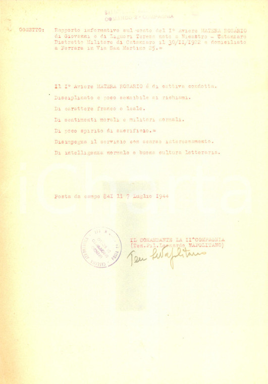 1944 TORINO RSI Aviere Rosario MATERA di cattiva condotta *Documento