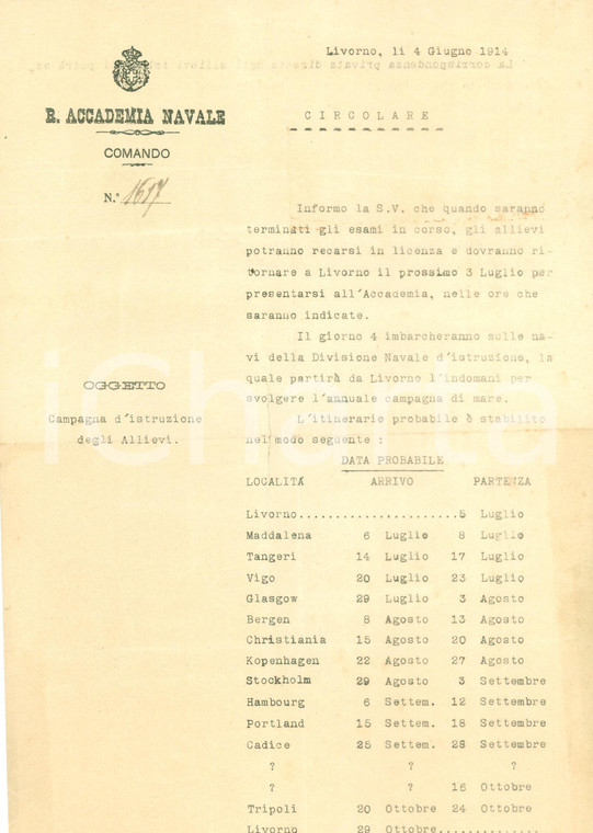 1914 LIVORNO Regia Accademia Navale Itinerario campagna d'istruzione *Documento