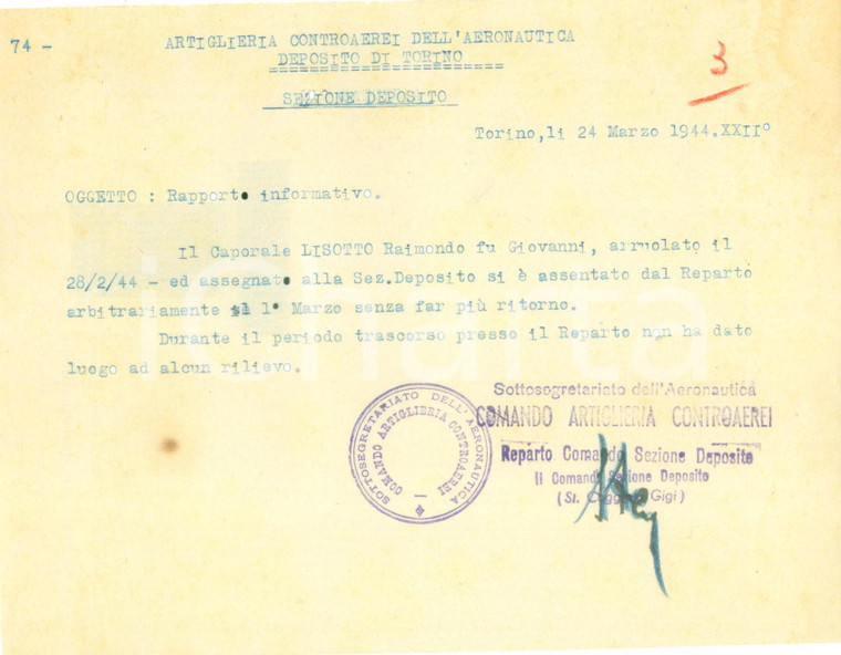 1944 TORINO RSI Artiglieria Contraerei Caporale Raimondo LISOTTO mai più tornato