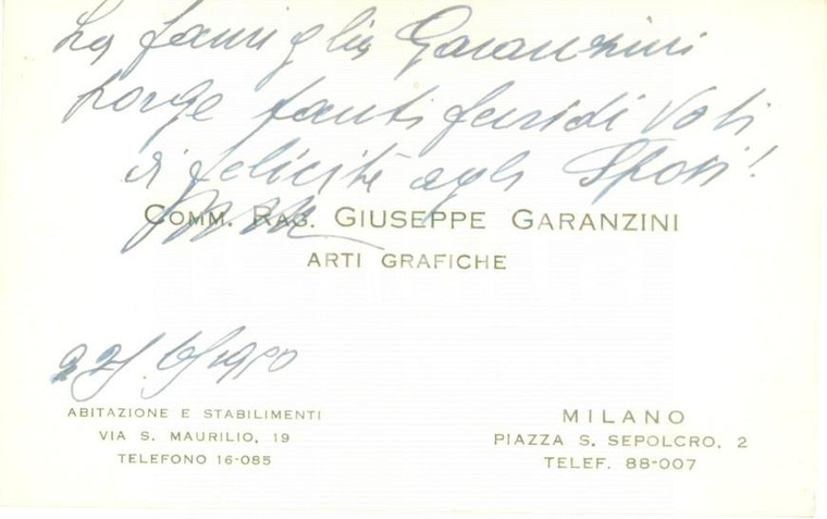 1950 MILANO Giuseppe GARANZINI Arti grafiche *Biglietto con autografo