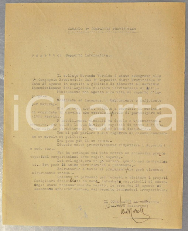 1944 RSI WW2 Soldato Veraldo MORANDO balbuziente e deficiente *Documento