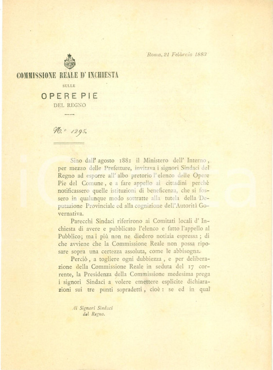 1883 ROMA Inchiesta sulla consistenza delle Opere Pie del REGNO *Documento