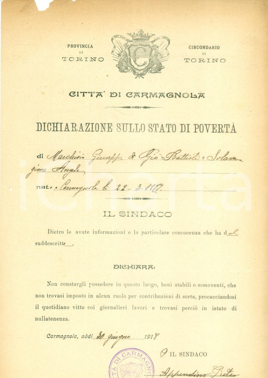 1918 CARMAGNOLA (TO) Giuseppe MARCHISIO è nullatenente *Documento DANNEGGIATO