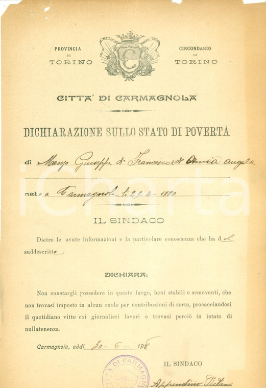1918 CARMAGNOLA (TO) Giuseppe MANZO è nullatenente *Documento DANNEGGIATO