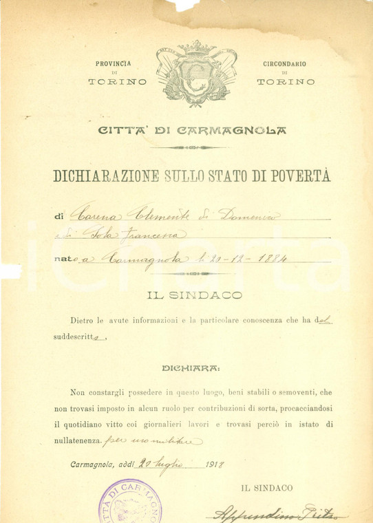 1918 CARMAGNOLA (TO) Clemente CARENA è nullatenente *Documento DANNEGGIATO