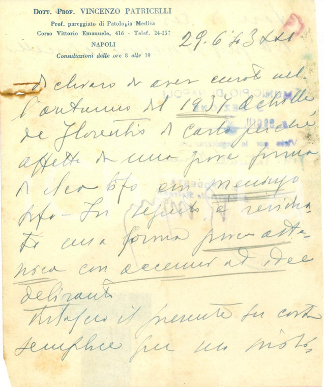 1943 NAPOLI Medico Vincenzo PATRICELLI *Certificato DANNEGGIATO