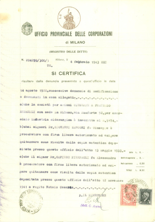 1943 MILANO Giovanni ZANCONI procuratore della Società REDAELLI *Documento