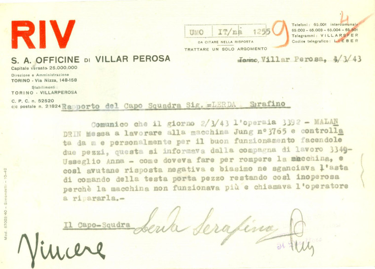 1943 VILLAR PEROSA (TO) WW2 Officine RIV Operaia MALANDRIN sabota macchinario